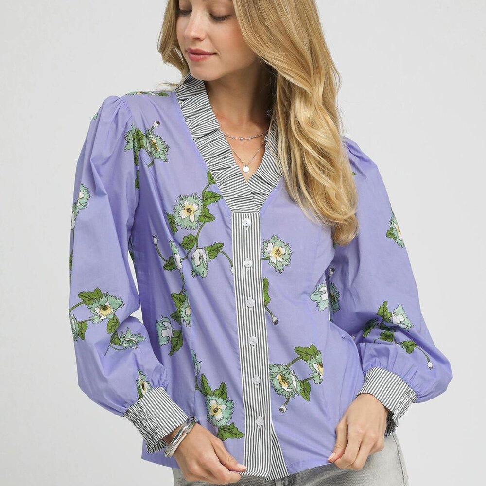 UMGEE BLUE FLORAL TOP WITH STRIPE ACCENTS